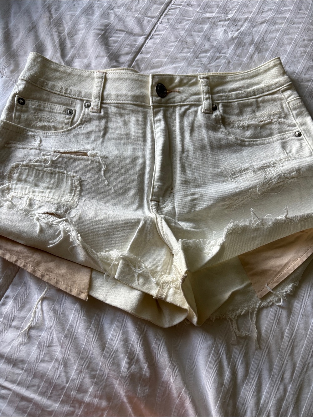 American Eagle Outfitters Cream Distressed Denim Shorts